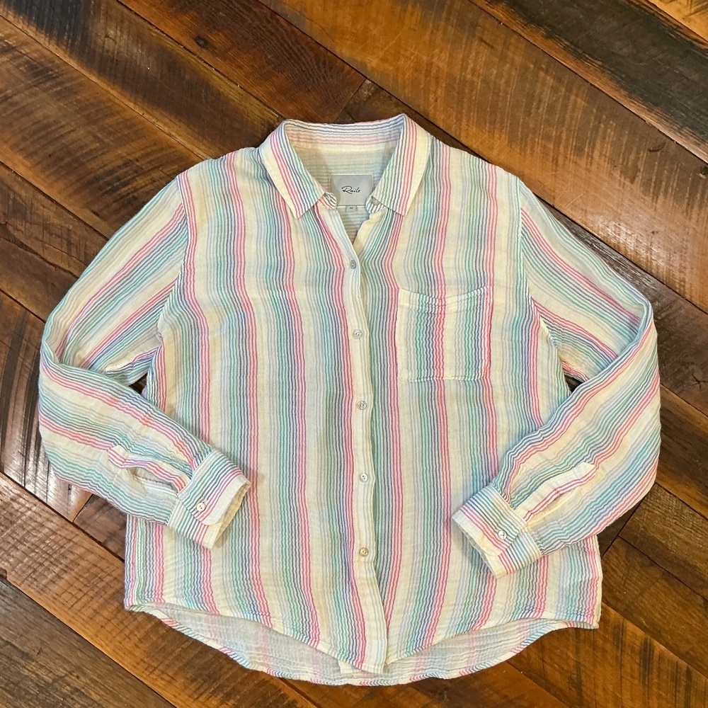 Rails Ellis Rainbow Stripe Button Down Shirt Medi… - image 2